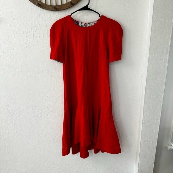 Anthropologie Red Floral Trim Textured Maeve Rousseau Flounced Dress 2 - Picture 2 of 15